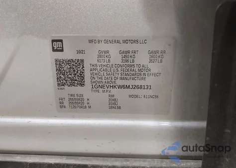 2021 Chevrolet Traverse Awd Lt Leather из США, поврежденный, VIN 1GNEVHKW6MJ268131